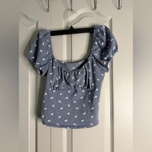 Blue Puff Sleeve Floral Crop Top